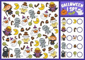 Halloween I spy game for kids. Searching and counting activity with cute kawaii characters. Scary autumn printable worksheet for preschool children. Simple all saints day spotting puzzle vector