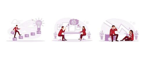 A businessman walking on a beam, a man and a woman sitting together discussing a problem, and a man and a woman who are stressed and have a headache with a hefty bill. vector