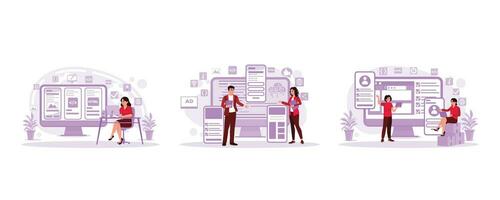 Young Designer Working on Desktop Computer, a young woman creating a custom design for mobile applications, Creative digital development agency. Set Trend Modern vector flat illustration