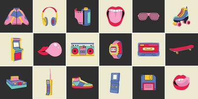 Classic 80s 90s elements in modern flat line style. Hand drawn vector illustration jacket, cube, lips, headphones, roller skate, cassette, recorder, camera roll etc. Fashion patch, badge, emblem.