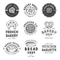 Set of vintage style bakery shop labels, badges, emblems and logo. Vector illustration. Monochrome graphic art with engraved design elements. Collection of linear graphic on white background.