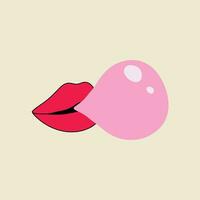 Classic 80s-90s element in modern style flat, line style. Hand drawn vector illustration of lips inflating chewing gum. Fashion patch, badge, emblem.