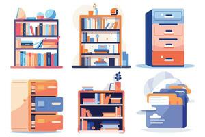 Bookshelves and filing cabinets in the office in UX UI flat style vector