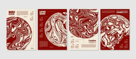 Set of retro red fluid marble circle poster cover. Abstract liquid planet layout. vector