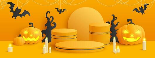 Halloween holiday podium banner with 3d dimensional decorations of pumpkin lanterns, flying bats, trees and candles. Promotion banner, studio, empty stage. Vector illustration.