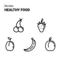 Set of five colorful outline Healthy Food icons, fruits symbols, vector pictograms, logos, outline drawings, cherry, strawberry, plum, banana and peach.