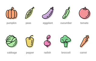 Set of ten healthy food outline icons, vegetables symbols for web and applications. Vector graphic black and white icons.