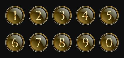 Set of golden luxury numbers, mathematical symbols in realistic vector golden style, in golden circles, glossy buttons.