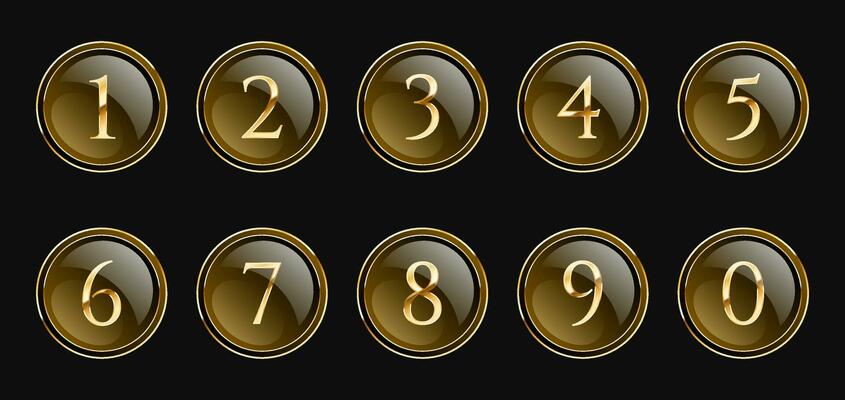 Set of golden luxury numbers, mathematical symbols in realistic vector golden style, in golden circles, glossy buttons.