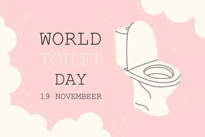 World Toilet Day. Banner with a white toilet bowl on a pink background with clouds. Holiday concept. November 19. Vector stock illustration. Template for background, poster with text inscription.