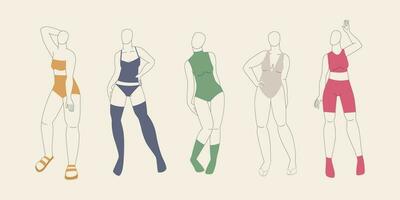 Young women showing swimsuits and underwear. Models on the catwalk posing for a photo. Vector minimalistic illustrations with lines.