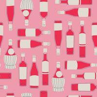 Seamless pattern with wine bottles. Various glass wine bottles are chaotically repeated on a pink background. Vector print for design backgrounds, packaging, printing on paper and fabric.