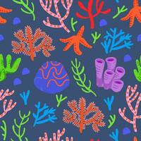 Cute vector colorful seamless pattern with red corals on dark background. Coral reef, shells, star fish.