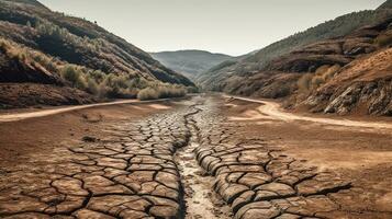AI Generative Submerged old road in a valley visible due to a low water level of the Riao reservoir Leon Spain photo