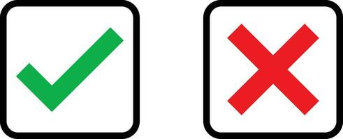 True or false icons in square . Green tick symbol and red cross sign . Vector