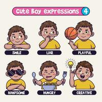 Cute boy in various expressions cartoon vector icon illustration. Hand drawn emotes element collection.