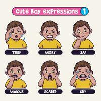 Cute boy in various expressions cartoon vector icon illustration. Hand drawn emotes element collection.