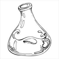 Hand drawn ink vector glass jar vial bottle for potion. Sketch illustration art witchcraft, medicine, chemistry, alchemy. Isolated object, outline. Design shops, logo, print, website, card, booklet