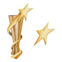 Hand drawn watercolor sports competition trophy prize, first place winner, gold cup and star. Illustration isolated object, white background. Design poster, print, website, card, invitation, brochure vector