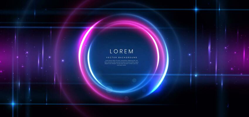 Abstract technology futuristic circles neon glowing blue and pink light lines effect on dark blue background.