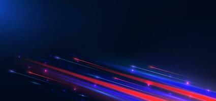 Abstract technology futuristic glowing neon blue and red light lines with speed motion movingon dark blue background. vector