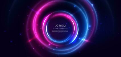 Abstract technology futuristic neon circle glowing blue and pink  light lines with speed motion blur effect on dark blue background. Vector illustration