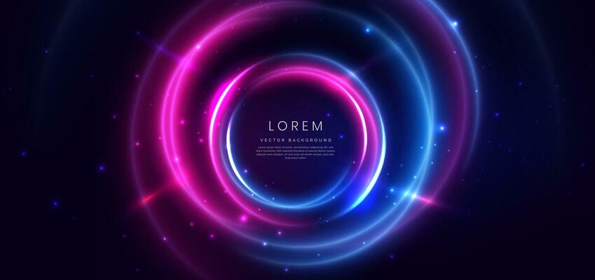 Abstract technology futuristic neon circle glowing blue and pink  light lines with speed motion blur effect on dark blue background. Vector illustration