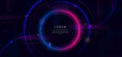 Abstract technology futuristic neon circle glowing blue and pink  light lines with speed motion blur effect on dark blue background. vector