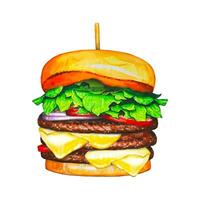 Fresh tasty burger. Watercolor hand drawn illustration vector