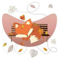 Little fox asleep on bench. Autumn season - Vector