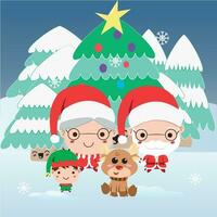 Cute santa claus family cartoons on a winter landscape Vector illustration