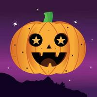 contento calabazas en un oscuro noche. Víspera de Todos los Santos temporada - vector