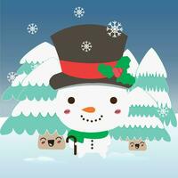 Cute happy snowman cartoon on a winter landscape Vector illustration