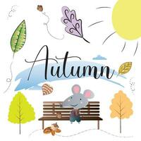 ratón dibujos animados en un banco. otoño temporada - vector