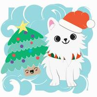 Cute dog cartoon character next to a happy christmas tree Vector illustration