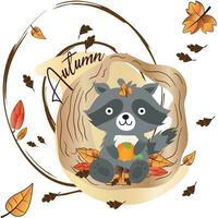 Raccoon sitting on dry leaves. Autumn season - Vector