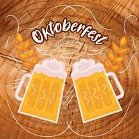 Pair of beer mugs and wheat Oktoberfest poster Vector illustration