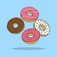 Donuts Cartoon Vector Illustration. Falling Donuts Flat Icon Outline. Flying Donuts
