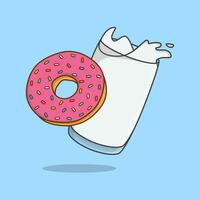 Milk And Donut Cartoon Vector Illustration. Donut With Milk Flat Icon Outline