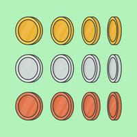 Golden, Silver And Bronze Coin Cartoon Vector Illustration. Finance Concept Flat Icon Outline