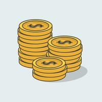Stack Of Coins Cartoon Vector Illustration. 3d Dollar Coins Flat Icon Outline