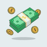 Pile Of Cash Money And Gold Coins Cartoon Vector Illustration. Financial Concept Flat Icon Outline