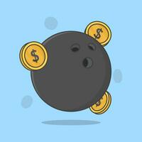 Bowling Ball With Money Cartoon Vector Illustration. Bowling Flat Icon Outline