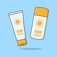 Sunscreen Cream And Sunscreen Lotion Cartoon Vector Illustration. Sun Protection Cosmetic Product Flat Icon Outline. Sunblock Or Skincare