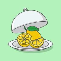 Opened Restaurant Cloche With Lemon Cartoon Vector Illustration. Fresh Lemon Fruit Flat Icon Outline