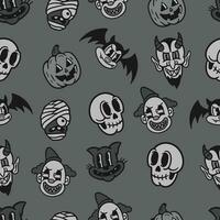 vintage horror cartoon halloween monsters seamless pattern black and white vector