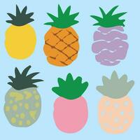 Collection of decorative pineapples of various color and texture isolated on white background. Bundle of exotic tropical ripe juicy fruits. Colorful hand drawn vector illustration in doodle style.