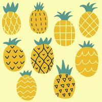 Collection of decorative pineapples of various color and texture isolated on white background. Bundle of exotic tropical ripe juicy fruits. Colorful hand drawn vector illustration in doodle style.