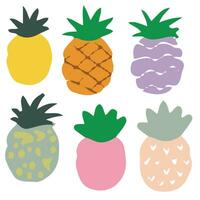 Collection of decorative pineapples of various color and texture isolated on white background. Bundle of exotic tropical ripe juicy fruits. Colorful hand drawn vector illustration in doodle style.