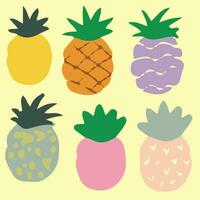 Collection of decorative pineapples of various color and texture isolated on white background. Bundle of exotic tropical ripe juicy fruits. Colorful hand drawn vector illustration in doodle style.